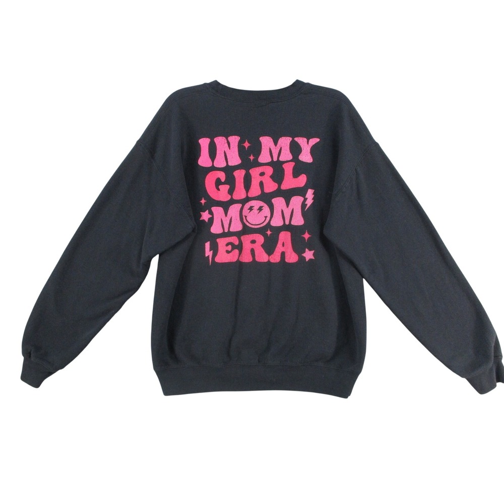 Gildan In My Girl Mom Era Sweatshirt Black Pink Smiley Face Graphic Pullover L